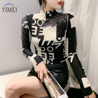 YIMEI เสื้อกล้ามครึ่งตัวสำหรับผู้หญิง,เสื้อสวมหัวสไตล์ตะวันตกแขนยาวเสื้อยืดผ้าตาข่ายพิมพ์ลายตัวอักษรแฟชั่นยุโรปฤดูหนาวฤดูใบไม้ร่วง