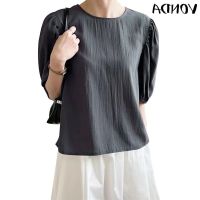 COD dhdfxcz VONDA Women Korean Casual Round Neck Short Sleeves Solid Color All-Purpose Blouse