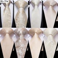 【Fashion house]Hi-Tie Champagne Beige Floral Solid Design Silk Wedding Tie For Men Quality Hanky Cufflink Fashion Nicktie Business Dropshipping