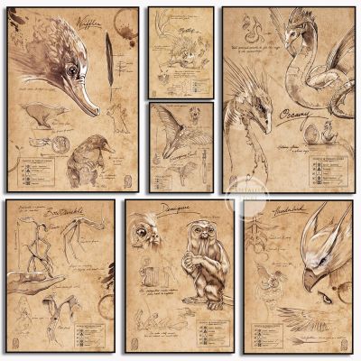 Vintage Sketch Of Monster Niffler,นกฮูก,ไดโนเสาร์,Magic และ Wizarding World Animals-ภาพวาดผ้าใบ Wall Art ภาพจิตรกรรมฝาผนังสำหรับตกแต่งบ้าน