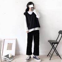 COD SDFSDTFGER 【TH Fashion】Black Vest Set New Korean Style Thin Slimming Vest Ladies Sleeveless Knitwear T-Shirt Set