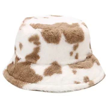 Faux Fur Winter Hats For Women Black White Cow Print Bucket Hat Men Panama  Fisherman Caps