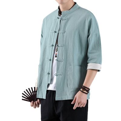 เสื้อสไตล์จีนฝ้ายลินินเสื้อแขนครึ่งท่อนผู้ชายเสื้อผ้าจีนแบบดั้งเดิมสำหรับผู้ชายสไตล์กังฟูไทชิชุดจีน