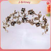 J-BRITNEY มงกุฎคริสตัลรูปใบไม้และไข่มุกสำหรับเจ้าสาวมงกุฏสายรัดศีรษะเจ้าสาวเครื่องประดับผมแบบโบราณ