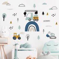 □▤✣ Hand Drawn Cartoon Cute Cars Cargo Truck Crane Wall Stickers Watercolor Nursery Stickers Wall Decals Kids Boys Room Home Decor