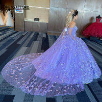 Lilac Sweet 16 quinceanera ชุดที่มีเคป2022ปิดไหล่ผีเสื้อ A ppliques เจ้าหญิงพรรคชุดเดรสสำหรับ15ปี...