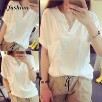 Yfashion เสื้อยืดคอวีขาตั้งกล้องมีในสต็อกผู้หญิงแขนสั้นเสื้อเบลาส์สีทึบเข้ารูปพอดีเรียบง่ายเสื้อยืดผู้หญิงไซส์ใหญ่สำหรับฤดูร้อน