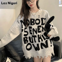 Laz Nigori เสื้อถักนิตติ้งแขนยาวครึ่งดีไซน์ใหม่,เสื้อเสื้อหนาวแบบตาข่ายสไตล์อเมริกันทรงหลวมฤดูใบไม้ร่วงและฤดูหนาว2023ตัวอักษร