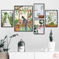 ✻✥ Woman Orchid Cactus Palm Illustration Wall Art ผ้าใบนอร์ดิกโปสเตอร์พิมพ์ภาพผนัง Unframed