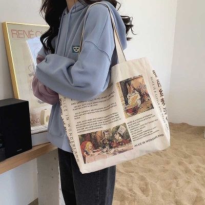 ✟❀☄ Canvas Tote Bag Ins Retro Oil Painting Shoulder Messenger Bag Large Capacity Women Bag Student All-match Handbag
