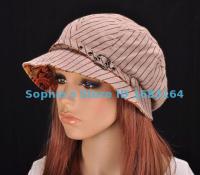 M195 Brown Cute Stripe Cotton Sun Hat Brim Cap Bucket Newsboy Summer Womens NWT