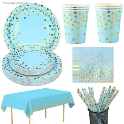 ✙┋ Blue Bronzing Gold Dot Disposable Tableware Plates Tablecloth Kids Birthday Party Supplies Wedding Party Decoration Baby Shower