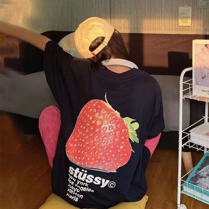 ลูกเต๋าขนปุย-stussy-เสื้อยืดผ้ากำมะหยี่ลูกเต๋าสามด้านผู้ชายและผู้หญิงเทรนด์แขนสั้นลำลองเสื้อยืดความงาม-stussy