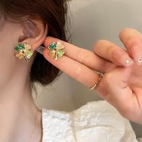 [COD] needle and Korean ins crystal four-petal flower earrings cute sweet simple temperament fresh