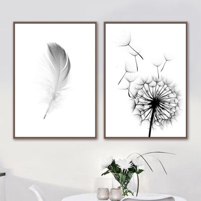 Dandelion Feather Wall Art ภาพวาดผ้าใบ Nordic โปสเตอร์และพิมพ์ Canvas Art สีดำสีขาวภาพผนังสำหรับตกแต่งห้องนั่งเล่น