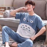 Summer Knitted Cotton Cartoon Mens Pyjamas Pajamas Casual Short Sleeve Long Pants Sets Mens Sleep Lounge Night Pijamas 4XL Home