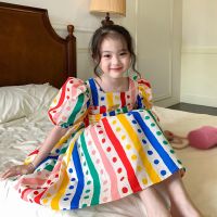 Oyamerbaby Girls Colorful Dot Print Waist Puffy Square Collar Puff Short Sleeve Dress