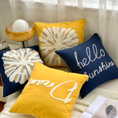 Handmade Cotton Canvas Plush Embroidery Cushion Cover With Rolling Strip Boho Ethnic Yellow Navy  words Pillow Cover 45x45cm Home Decoration