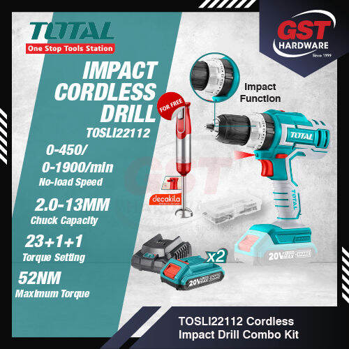 Total Cordless Impact Drill Combo Kit TOSLI22112 FOC Decakila Blender