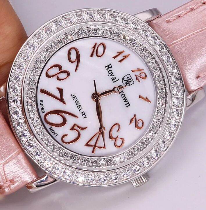 royal-crown-นาฬิกาข้อมือผู้หญิง-สายหนังแท้-ประดับเพชร-รุ่น-3632m-สี-ping