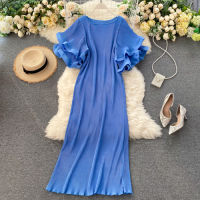 Neploe Solid Color Loose Ladies Pleated Dress Summer New Fashion Chic Dresses Female Double Layer Butterfly Sleeve Vestidos