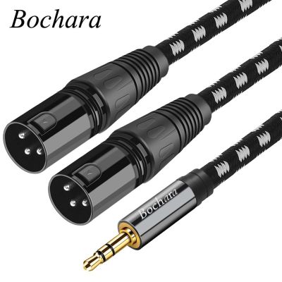 Bochara Braided Dual XLR Male to 3.5mm Stereo Jack Male OFC Aux Audio Cable Foil and Braided Shielded