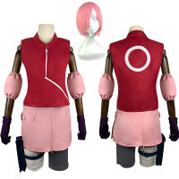 Japanese Anime Costume Haruno Sakura Cosplay Cheongsam For Girls Red Cheongsams Party Show Short Sleeves wig set