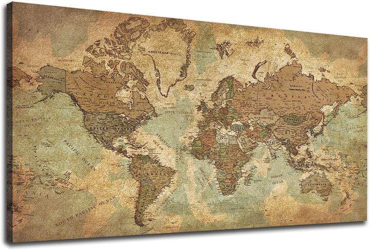 Lueaxrg Vintage World Map Canvas Wall Art Living Room Decor Retro Map