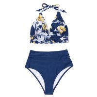 Navy And Floral Halter High-Waisted Bikini Sets Swimsuit For Women Sexy Tank Two Pieces Swimwear 2022 Beach Bathing Suit