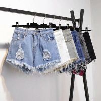 【CC】 2022 new large denim raw women  39;s summer high waist fat loose show thin hole wide leg A-line hot