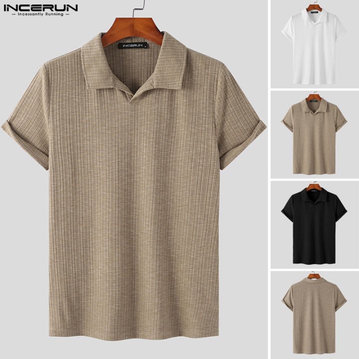 incerun-เสื้อผู้ชายคอวีแขนสั้นพอดีกล้ามเนื้อเสื้อ-henley-ถักเสื้อลำลอง-สไตล์เกาหลี