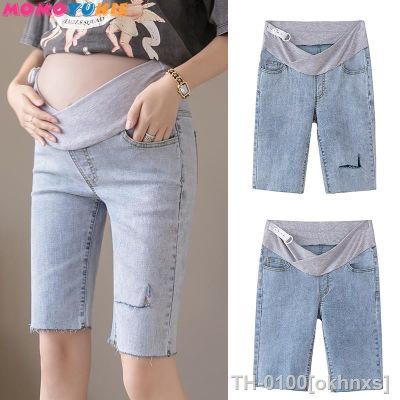 ☌✎☃ Roupas de maternidade jeans casual cintura elástica rendas capris moda rhinsone retalhos calças gravidez barriga curto