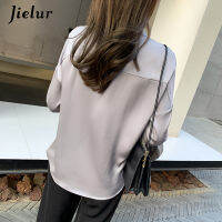 Jielur 2021 New Korean Womens Shirt S-XXL Full Sleeve Stand Collar Gray Blouse Female Loose Office Lady Casual Basic Top Blusas