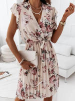 Chic Floral Printed Dress Women Elegant Summer V Neck Chiffon Midi Dresses Female A-Line Sundress Holiday Party Vestidos