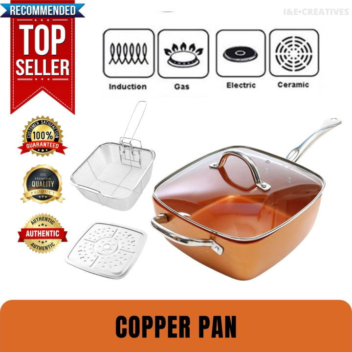 Ceramic Non-Stick Pan Copper Square Pan Induction Chef Glass Lid Fry Basket  Steam Rack 4 Piece Set 9.5 Inches Used In Induction - AliExpress