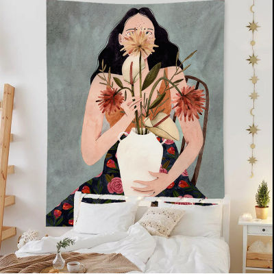 &gt;Cilected Nordic Color Painting Tapestry Literary Woman Hanging Art Background Cloth Bedroom Girl Dormitory Fromcoration