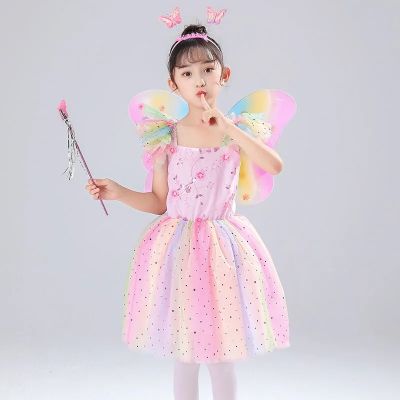2022ฤดูร้อนใหม่2-12ปีหญิงเสื้อผ้าเด็ก Rainbow ตาข่าย Puffy กระโปรงเจ้าหญิงดอกไม้สาวหวานชุด Suit