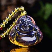 ZZOOI Buddha Necklace Pure Natural Domi Blue Potter Hanging Maitreya Sweater Chain Raw Mine Honey Wax Amber Necklace Hanging Female