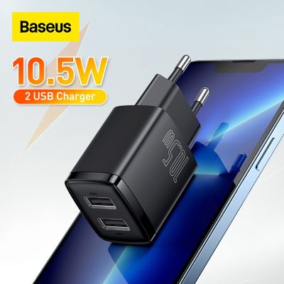 Baseus เครื่องชาร์จ USB คู่ EU Plug 2.1A Max ชาร์จเร็วที่ชาร์ตมือถือแบบพกพาที่ชาร์จติดกำแพงขนาดเล็ก