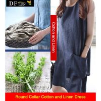 Women’s Round Collar Cotton and Linen Dress New fashion large size A-line skirt loose pocket linen bottoming dress