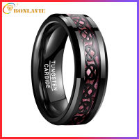 BONLAVIE Mens 8mm Pink Carbon Fiber Black Celtic Heart Knot Tungsten Carbide Ring Size 7 to 12