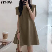 (Korean Causal) VONDA Women Sleeveless O Neck Solid Color Holiday Party Mini Dress Plus Size