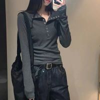 Xpqbb Y2K High Street Women Sweaters 2023 New Gray White Button Up Bottoming Pullover Woman Slim Fit Long Sleeve Knitted T-Shirt