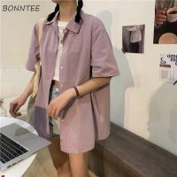 ❏☏◇ Shirts Women Short Sleeve Solid Bf Loose Turn Down Collar College Simple Stylish All-match Harajuku 2022 Summer Tops Clothing