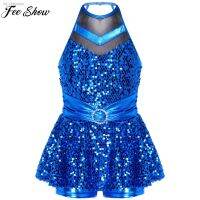 ✙ Girls Shiny Sequin Jazz Dance Boxer Leotard Dresses Sleeveless Backless Shorty Ballet Gymnastics Jumpsuit Tutu for Party Stage