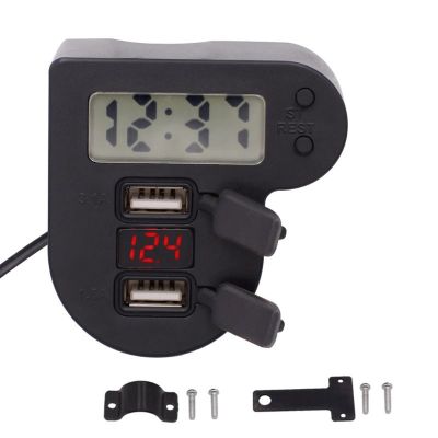 Waterproof 12V 24V Motorcycle Dual USB Charger With Time Clock LED Voltmeter ON OFF Switch Power Adapter for Mobile Phone GPS Ta
