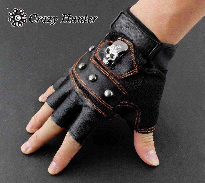 new-skull-logo-mens-leather-biker-motorcycle-training-driving-fingerless-gloves