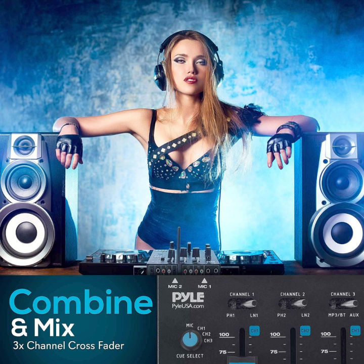 pyle-wireless-dj-audio-mixer-3-channel-bluetooth-compatible-dj-controller-sound-mixer-mic-talkover-usb-reader-dual-rca-phono-line-in-microphone-input-headphone-jack-pyle-pmx8bu-black