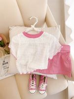 Sweet Kids Girls O-Neck T-shirts Skirts 2Pcs Summer Children Clothes Sets Korean Style Contrast Color T-shirt Skirt Suit 1-8Y