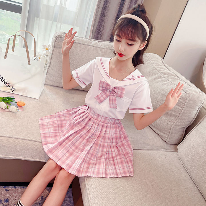 Girls College Style Jk Uniform Pleated Skirt + Short Sleeves Shirts ...